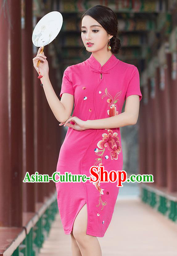 Traditional Ancient Chinese National Costume, Elegant Hanfu Stand Collar Mandarin Qipao Embroidered Pink Short Dress, China Tang Suit Cheongsam Upper Outer Garment Elegant Dress Clothing for Women