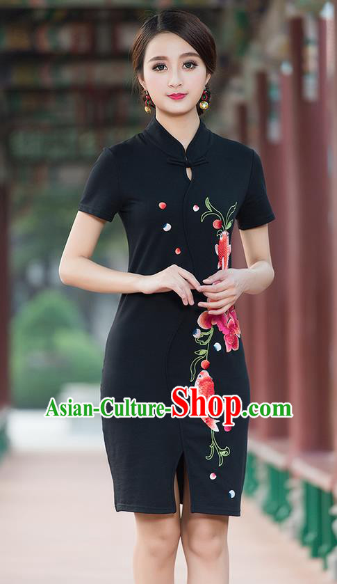 Traditional Ancient Chinese National Costume, Elegant Hanfu Stand Collar Mandarin Qipao Embroidered Black Short Dress, China Tang Suit Cheongsam Upper Outer Garment Elegant Dress Clothing for Women