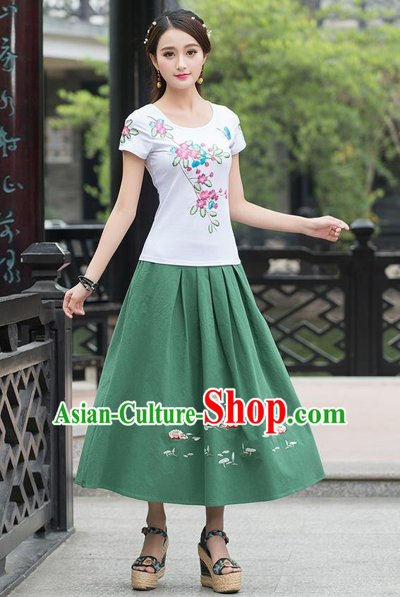 Traditional Ancient Chinese National Pleated Skirt Costume, Elegant Hanfu Embroidered Linen Long Green Dress, China Tang Suit Big Swing Bust Skirt for Women