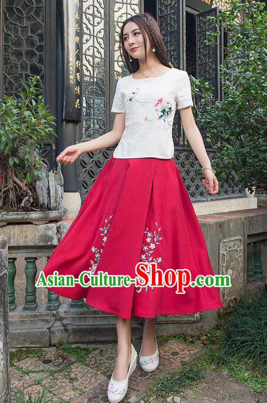 Traditional Ancient Chinese National Pleated Skirt Costume, Elegant Hanfu Embroidered Long Linen Dress, China Tang Suit Red Bust Skirt for Women