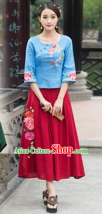 Traditional Ancient Chinese National Pleated Skirt Costume, Elegant Hanfu Embroidered Red Long Dress, China Tang Suit Palace Lady Big Swing Bust Skirt for Women