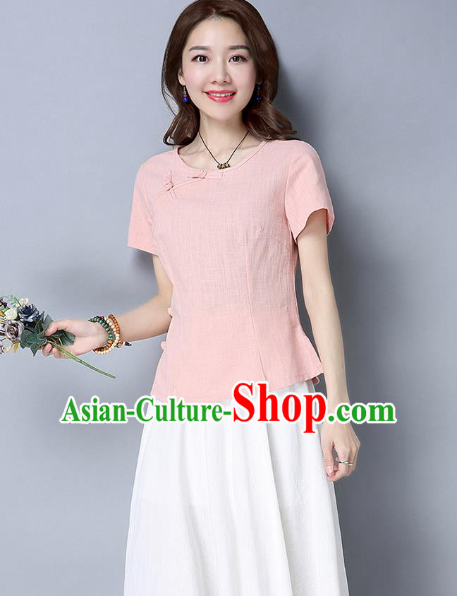 Traditional Chinese National Costume, Elegant Hanfu Slant Opening Pink T-Shirt, China Tang Suit Republic of China Plated Buttons Blouse Cheongsam Upper Outer Garment Qipao Shirts Clothing for Women