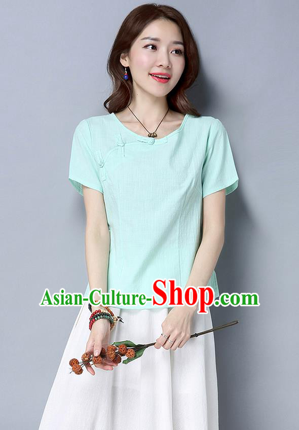 Traditional Chinese National Costume, Elegant Hanfu Slant Opening Blue T-Shirt, China Tang Suit Republic of China Plated Buttons Blouse Cheongsam Upper Outer Garment Qipao Shirts Clothing for Women