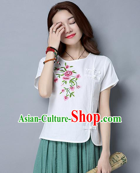 Traditional Chinese National Costume, Elegant Hanfu Embroidery Flowers Slant Opening White T-Shirt, China Tang Suit Republic of China Plated Buttons Blouse Cheongsam Upper Outer Garment Qipao Shirts Clothing for Women