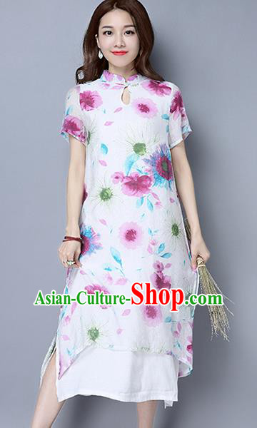 Traditional Ancient Chinese National Costume, Elegant Hanfu Mandarin Qipao Linen Hand Painting White Dress, China Tang Suit Republic of China Cheongsam Upper Outer Garment Elegant Dress Clothing for Women