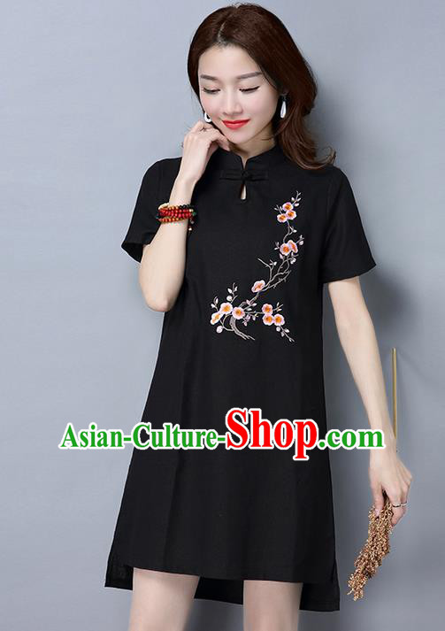 Traditional Ancient Chinese National Costume, Elegant Hanfu Mandarin Qipao Linen Embroidered Black Dress, China Tang Suit Chirpaur Republic of China Cheongsam Upper Outer Garment Elegant Dress Clothing for Women