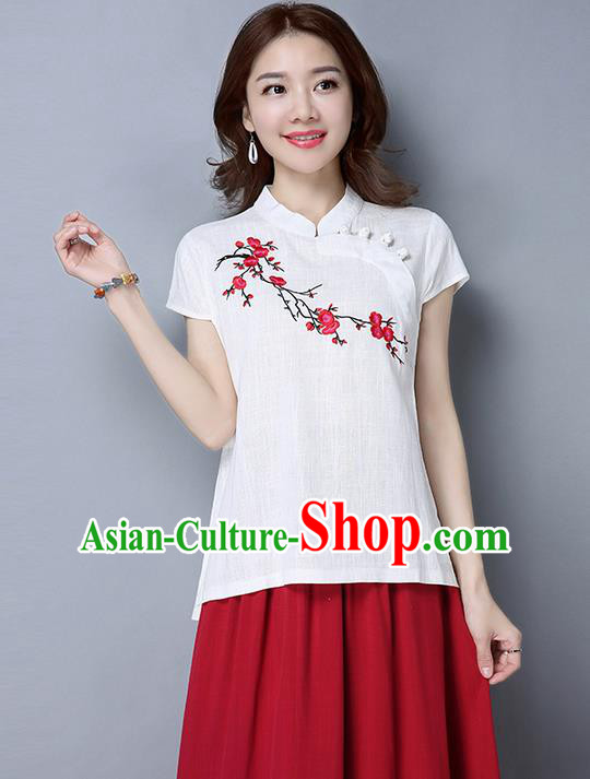 Traditional Chinese National Costume, Elegant Hanfu Embroidery Flowers Slant Opening White T-Shirt, China Tang Suit Republic of China Plated Buttons Blouse Cheongsam Upper Outer Garment Qipao Shirts Clothing for Women