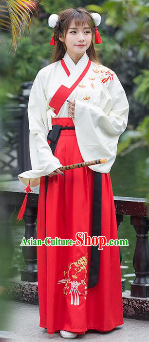 Traditional Ancient Chinese Costume, Elegant Hanfu Clothing Embroidered Ginkgo Blouse and Dress, China Han Dynasty Elegant Blouse and Skirt Complete Set for Women
