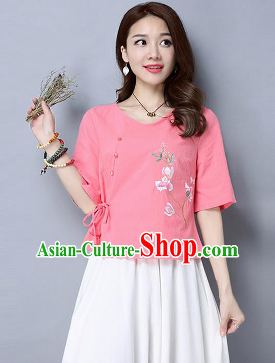 Traditional Chinese National Costume, Elegant Hanfu Embroidery Pink T-Shirt, China Tang Suit Republic of China Plated Buttons Blouse Cheongsam Upper Outer Garment Qipao Shirts Clothing for Women