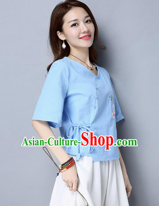 Traditional Chinese National Costume, Elegant Hanfu Embroidery Blue T-Shirt, China Tang Suit Republic of China Plated Buttons Blouse Cheongsam Upper Outer Garment Qipao Shirts Clothing for Women