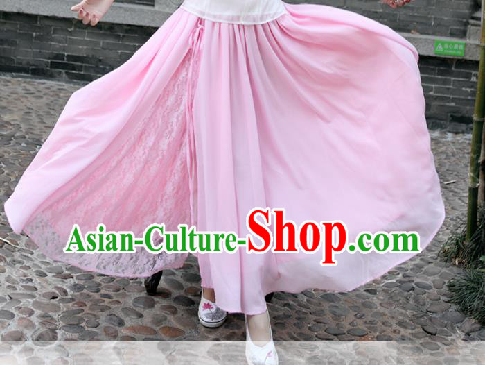 Traditional Ancient Chinese National Pleated Skirt Costume, Elegant Hanfu Chiffon Lace Long Dress, China Tang Suit Big Swing Pink Bust Skirt for Women