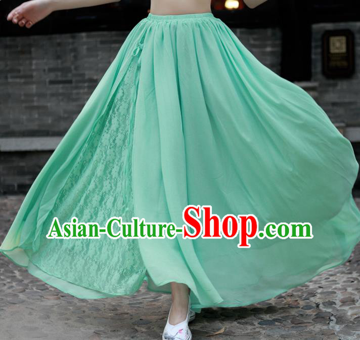 Traditional Ancient Chinese National Pleated Skirt Costume, Elegant Hanfu Chiffon Lace Long Dress, China Tang Suit Big Swing Green Bust Skirt for Women