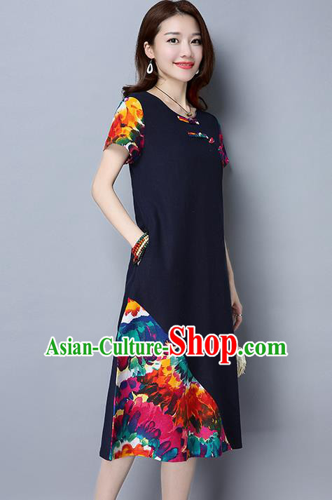 Traditional Ancient Chinese National Costume, Elegant Hanfu Mandarin Qipao Printing Navy Dress, China Tang Suit Chirpaur Republic of China Cheongsam Upper Outer Garment Elegant Dress Clothing for Women