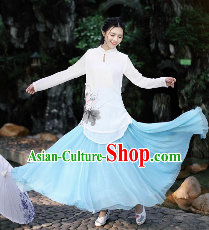 Traditional Ancient Chinese National Pleated Skirt Costume, Elegant Hanfu Chiffon Long Blue Dress, China Tang Dynasty Bust Skirt for Women