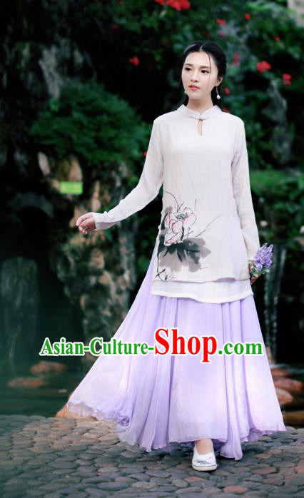 Traditional Ancient Chinese National Pleated Skirt Costume, Elegant Hanfu Chiffon Long Purple Dress, China Tang Dynasty Bust Skirt for Women