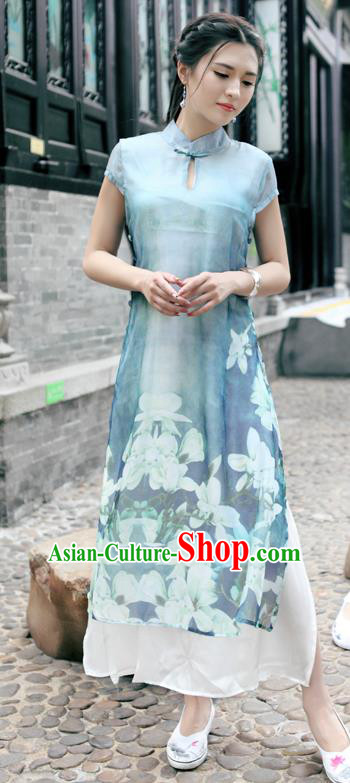 Traditional Ancient Chinese National Costume, Elegant Hanfu Mandarin Qipao Silk Ink Painting Peacock Blue Dress, China Tang Suit Chirpaur Republic of China Cheongsam Upper Outer Garment Elegant Dress Clothing for Women