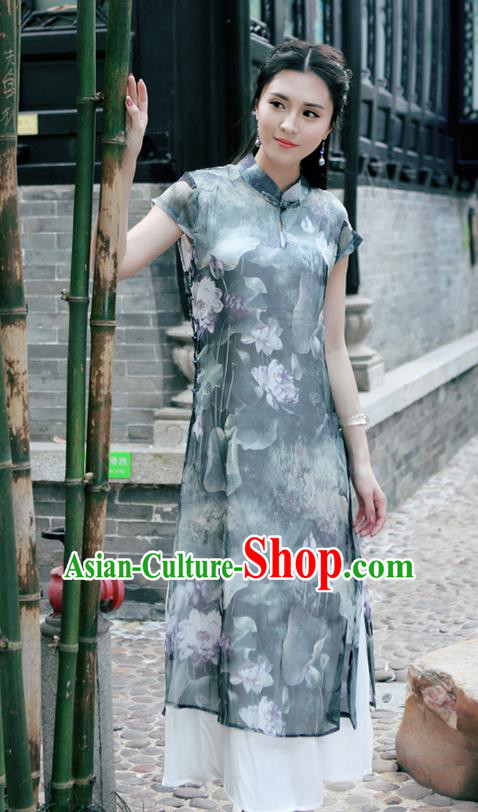 Traditional Ancient Chinese National Costume, Elegant Hanfu Mandarin Qipao Silk Ink Painting Grey Dress, China Tang Suit Chirpaur Republic of China Cheongsam Upper Outer Garment Elegant Dress Clothing for Women