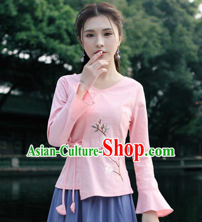 Traditional Chinese National Costume, Elegant Hanfu Slant Opening Print Peach Blossom Pink Shirt, China Tang Suit Republic of China Blouse Cheongsam Upper Outer Garment Qipao Shirts Clothing for Women