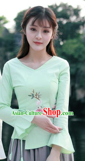 Traditional Chinese National Costume, Elegant Hanfu Slant Opening Print Peach Blossom Green Shirt, China Tang Suit Republic of China Blouse Cheongsam Upper Outer Garment Qipao Shirts Clothing for Women