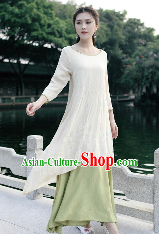 Traditional Ancient Chinese National Costume, Elegant Hanfu Embroidery Linen Apricot Dress, China Tang Suit Chirpaur Republic of China Cheongsam Upper Outer Garment Elegant Dress Clothing for Women