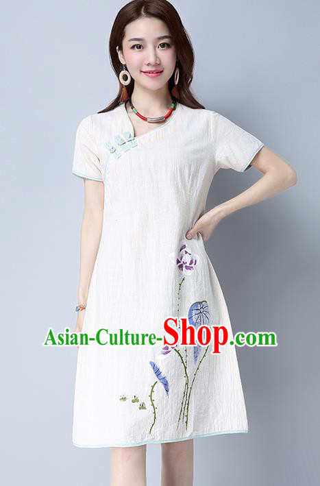 Traditional Ancient Chinese National Costume, Elegant Hanfu Embroidery Linen Printing Dress, China Tang Suit Chirpaur Republic of China Cheongsam Upper Outer Garment Elegant Dress Clothing for Women