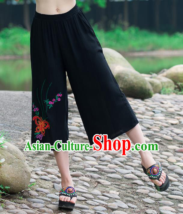 Traditional Chinese National Costume Loose Pants, Elegant Hanfu Embroidered Butterfly Black Wide-leg Trousers, China Ethnic Minorities Folk Dance Baggy Pants for Women