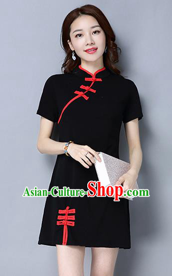 Traditional Ancient Chinese National Costume, Elegant Hanfu Mandarin Qipao Linen Black Dress, China Tang Suit Plated Buttons Short Chirpaur Republic of China Cheongsam Upper Outer Garment Elegant Dress Clothing for Women