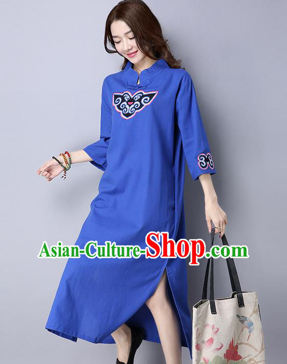 Traditional Ancient Chinese National Costume, Elegant Hanfu Mandarin Qipao Patch Embroidery Blue Dress, China Tang Suit Chirpaur Republic of China Cheongsam Upper Outer Garment Elegant Dress Clothing for Women