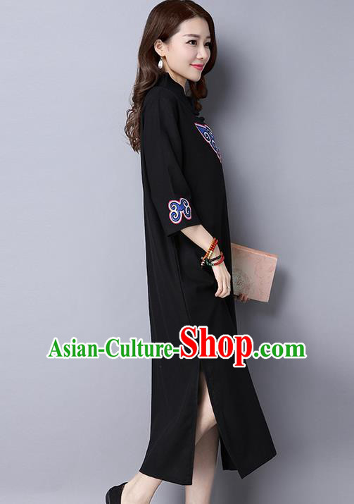 Traditional Ancient Chinese National Costume, Elegant Hanfu Mandarin Qipao Patch Embroidery Black Dress, China Tang Suit Chirpaur Republic of China Cheongsam Upper Outer Garment Elegant Dress Clothing for Women