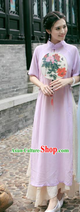 Traditional Ancient Chinese National Costume, Elegant Hanfu Mandarin Qipao Linen Pink Dress, China Tang Suit Chirpaur Republic of China Cheongsam Upper Outer Garment Elegant Dress Clothing for Women