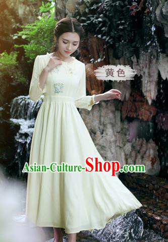 Traditional Ancient Chinese National Costume, Elegant Hanfu Linen Embroidery Apricot Dress, China Tang Suit Chirpaur Republic of China Cheongsam Upper Outer Garment Elegant Dress Clothing for Women