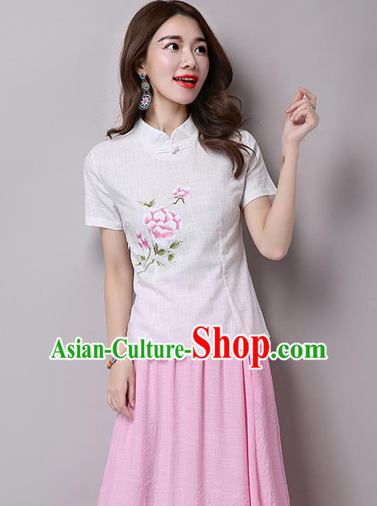 Traditional Chinese National Costume, Elegant Hanfu Printing Flowers Slant Opening White T-Shirt, China Tang Suit Republic of China Plated Buttons Blouse Cheongsam Upper Outer Garment Qipao Shirts Clothing for Women