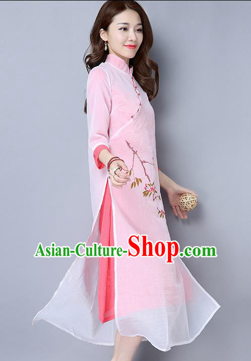 Traditional Ancient Chinese National Costume, Elegant Hanfu Mandarin Qipao Double-Deck Printing Pink Dress, China Tang Suit Linen Chirpaur Republic of China Cheongsam Upper Outer Garment Elegant Dress Clothing for Women