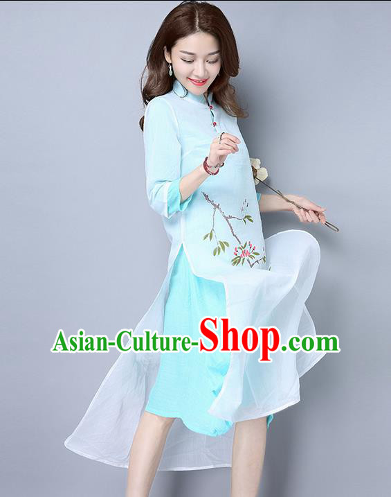 Traditional Ancient Chinese National Costume, Elegant Hanfu Mandarin Qipao Double-Deck Printing Blue Dress, China Tang Suit Linen Chirpaur Republic of China Cheongsam Upper Outer Garment Elegant Dress Clothing for Women