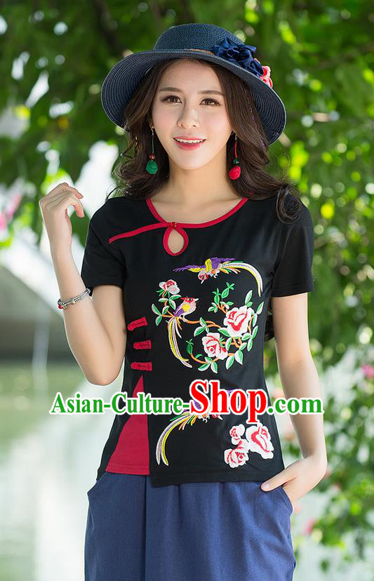 Traditional Chinese National Costume, Elegant Hanfu Embroidery Flowers Birds Black T-Shirt, China Tang Suit Republic of China Plated Buttons Blouse Cheongsam Upper Outer Garment Qipao Shirts Clothing for Women
