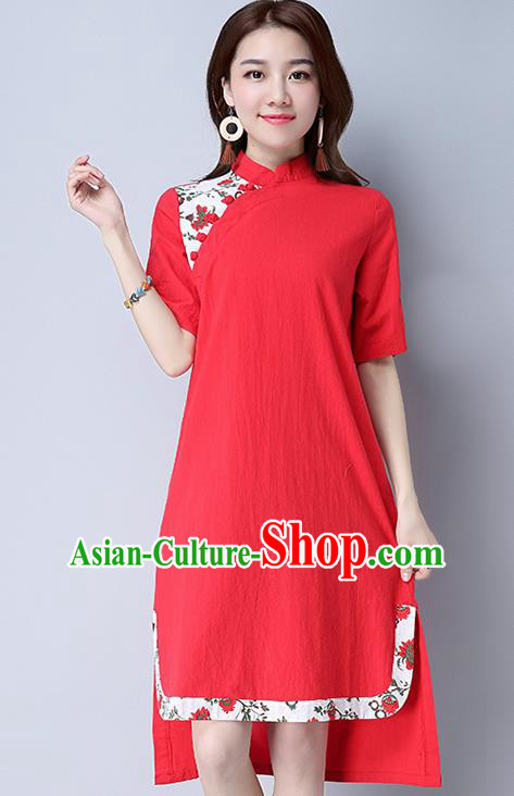 Traditional Ancient Chinese National Costume, Elegant Hanfu Mandarin Qipao Linen Red Dress, China Tang Suit Chirpaur Cheongsam Upper Outer Garment Elegant Dress Clothing for Women