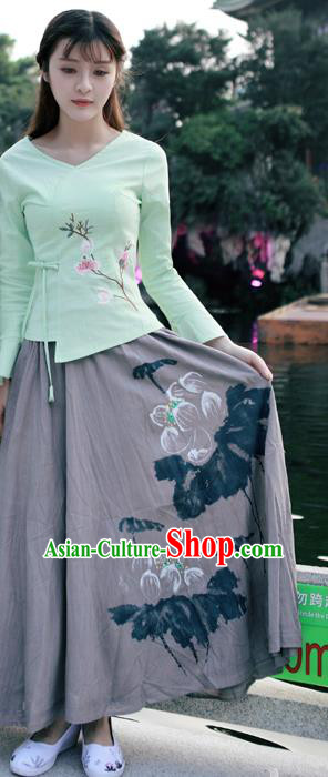 Traditional Ancient Chinese National Costume Pleated Skirt, Elegant Hanfu Linen Printing Long Grey Dress, China Tang Dynasty Bust Skirt for Women