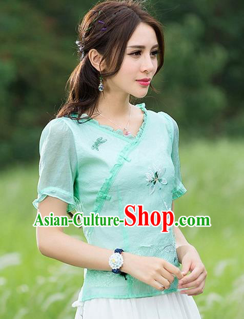 Traditional Chinese National Costume, Elegant Hanfu Embroidery Flowers Blue T-Shirt, China Tang Suit Republic of China Short Sleeve Blouse Cheongsam Upper Outer Garment Qipao Shirts Clothing for Women