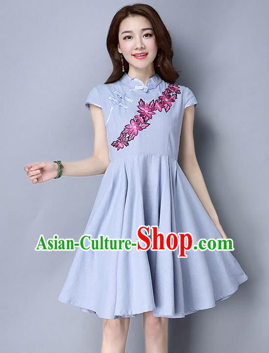 Traditional Ancient Chinese National Costume, Elegant Hanfu Mandarin Qipao Embroidery Blue Dress, China Tang Suit Chirpaur Republic of China Cheongsam Upper Outer Garment Elegant Dress Clothing for Women