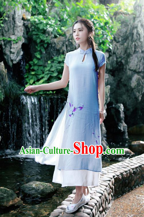 Traditional Ancient Chinese National Costume, Elegant Hanfu Mandarin Qipao Painting Lotus Blue Dress, China Tang Suit Chirpaur Republic of China Cheongsam Upper Outer Garment Elegant Dress Clothing for Women