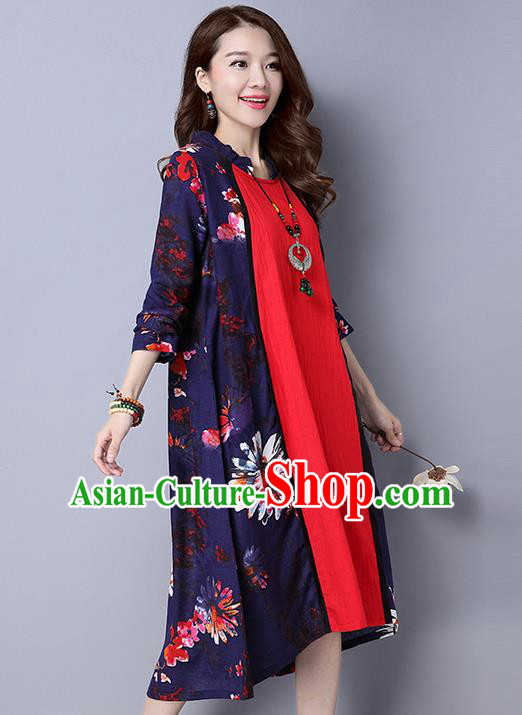 Traditional Ancient Chinese National Costume, Elegant Hanfu Mandarin Collar Printing Dress, China Tang Suit Upper Outer Garment Big Swing Elegant Dress Clothing for Women