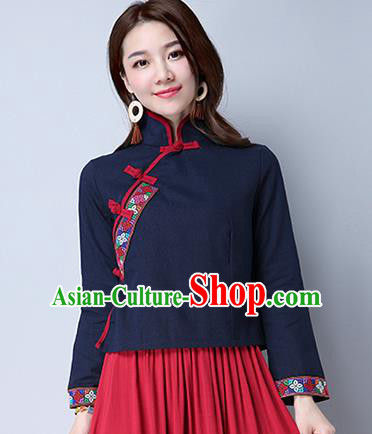 Traditional Chinese National Costume, Elegant Hanfu Embroidery Cross-Stitch Navy Shirt, China Tang Suit Republic of China Plated Buttons Blouse Cheongsam Upper Outer Garment Qipao Shirts Clothing for Women