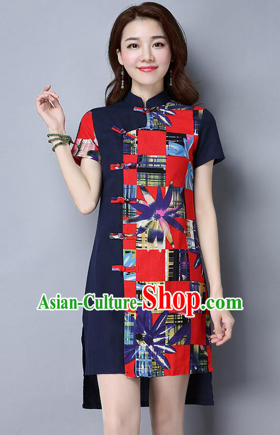 Traditional Ancient Chinese National Costume, Elegant Hanfu Mandarin Qipao Linen Multicolor Navy Dress, China Tang Suit Chirpaur Republic of China Cheongsam Upper Outer Garment Elegant Dress Clothing for Women