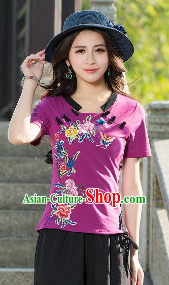 Traditional Chinese National Costume, Elegant Hanfu Embroidery Butterfly Flowers Purple T-Shirt, China Tang Suit Republic of China Plated Buttons Blouse Cheongsam Upper Outer Garment Qipao Shirts Clothing for Women
