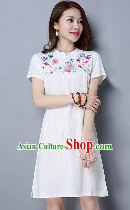 Traditional Ancient Chinese National Costume, Elegant Hanfu Mandarin Qipao Linen Embroidery White Dress, China Tang Suit Chirpaur Republic of China Cheongsam Upper Outer Garment Elegant Dress Clothing for Women