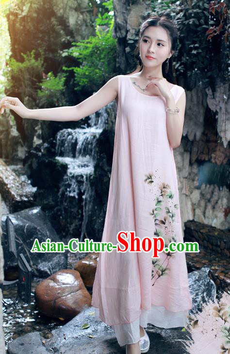 Traditional Ancient Chinese National Costume, Elegant Hanfu Painting Flowers Pink Long Dress, China Tang Suit Chirpaur Republic of China Cheongsam Upper Outer Garment Elegant Dress Clothing for Women