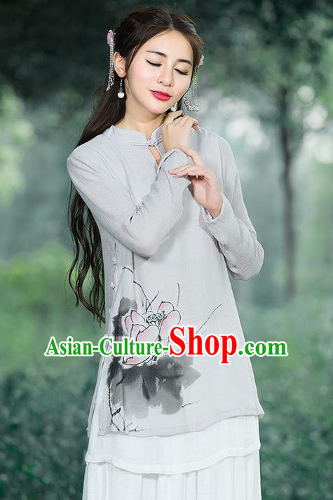 Traditional Chinese National Costume, Elegant Hanfu Ink Painting Lotus Flowers Stand Collar Grey Shirt, China Tang Suit Republic of China Plated Buttons Blouse Cheongsam Upper Outer Garment Qipao Shirts Clothing for Women