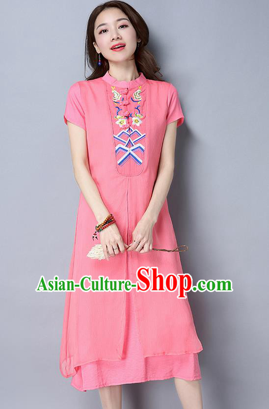 Traditional Ancient Chinese National Costume, Elegant Hanfu Mandarin Qipao Embroidery Stand Collar Pink Dress, China Tang Suit Chirpaur Republic of China Cheongsam Upper Outer Garment Elegant Dress Clothing for Women