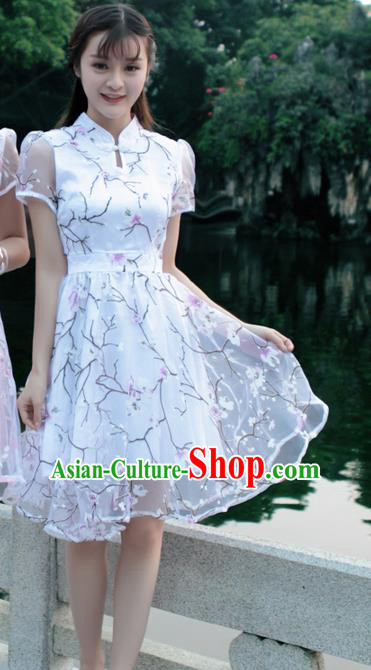 Traditional Ancient Chinese National Costume, Elegant Hanfu Mandarin Qipao Organza White Bubble Dress, China Tang Suit Chirpaur Republic of China Cheongsam Upper Outer Garment Elegant Dress Clothing for Women