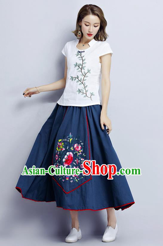 Traditional Ancient Chinese National Pleated Skirt Costume, Elegant Hanfu Embroidery Long Navy Dress, China Tang Dynasty Bust Skirt for Women